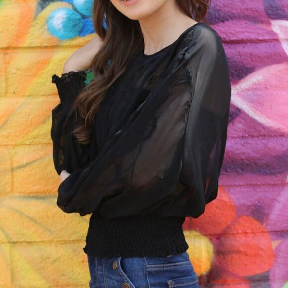 🔥PRICE IS FIRM!🔥 NEW ANGIE Embroidered Sheer Black Tops - Picture 3 of 5